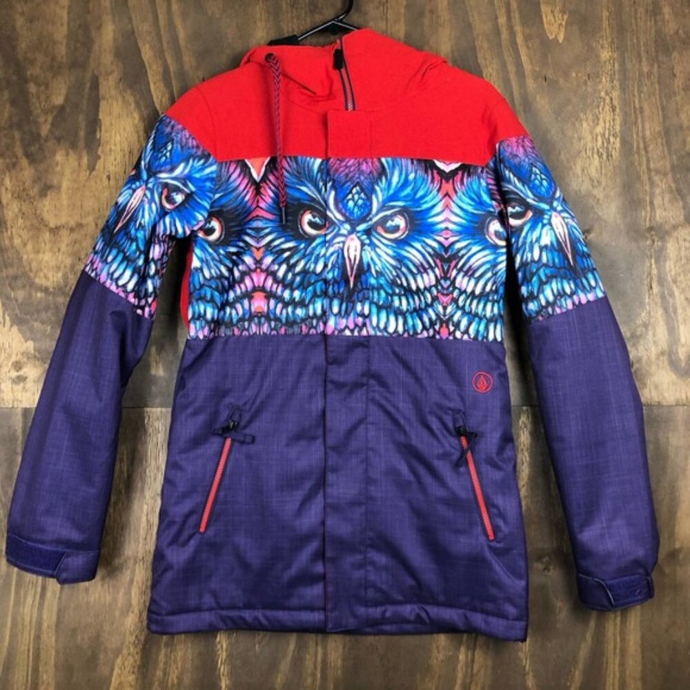 Volcom Womens Jacket Purple Snowboard Ski All Over Owl Print 10Kmm XS Long